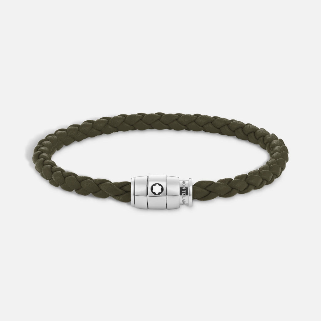 Montblanc bracciale in acciaio a 3 anelli e pelle Meisterstück Kaki misura M 13600463
