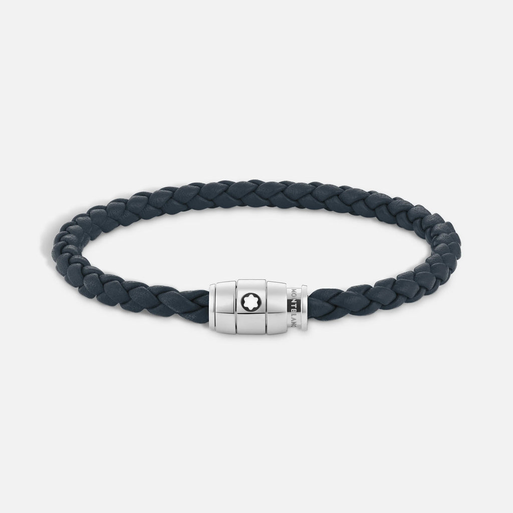 Montblanc bracciale in acciaio a 3 anelli e pelle Meisterstück Blu avio misura M 13601363
