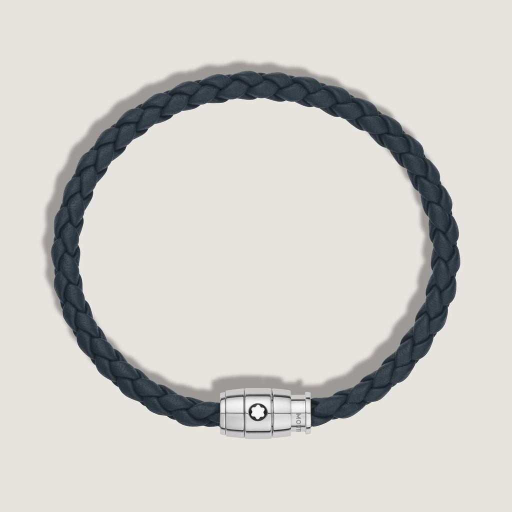 Montblanc bracciale in acciaio a 3 anelli e pelle Meisterstück Blu avio misura S 13601260