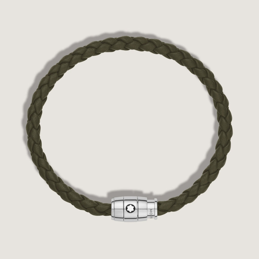 Montblanc bracciale in acciaio a 3 anelli e pelle Meisterstück Kaki misura M 13600463
